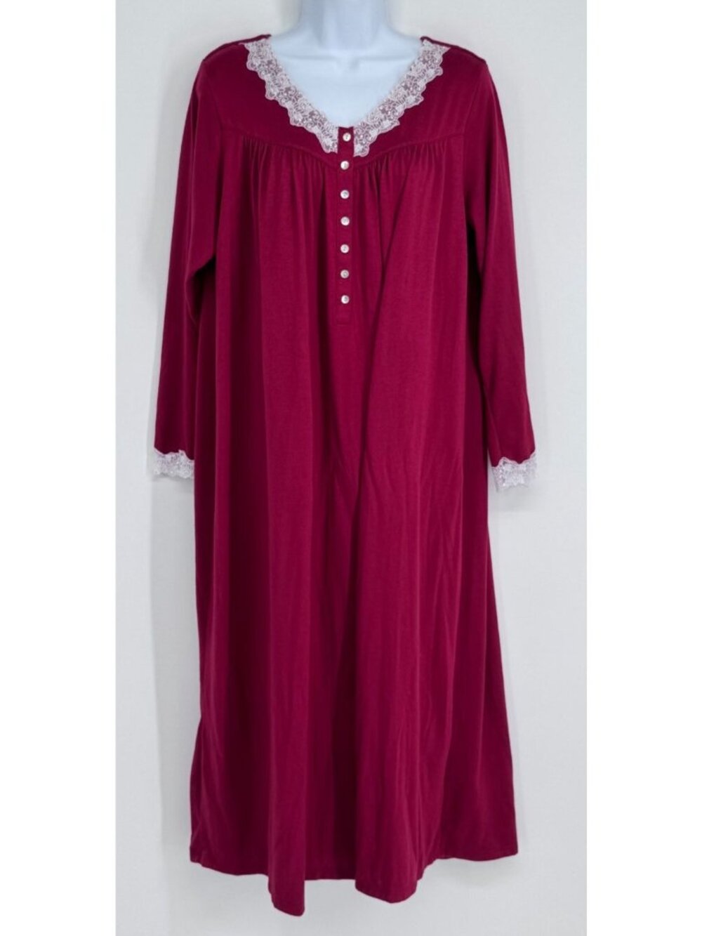 Eileen West Burgundy Long Sleeve Lace Trim Nightgown M Soft Cotton Blend